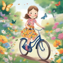 A detailed and charming illustration of a young girl riding a bike