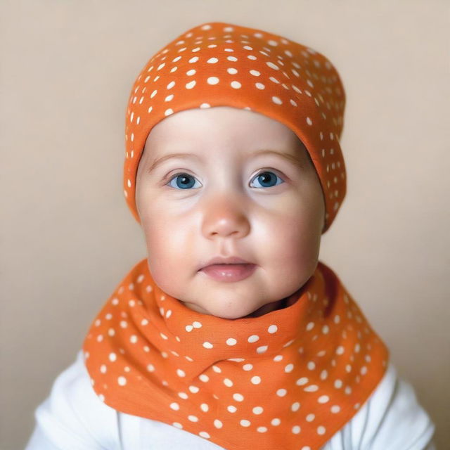 A photograph of a German baby girl wearing an orange cotton bandana with very small white polka dots