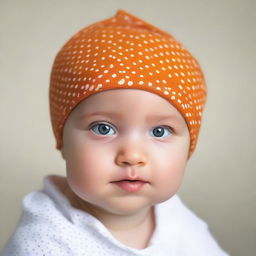 A photograph of a German baby girl wearing an orange cotton bandana with very small white polka dots