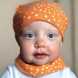 A photograph of a German baby girl wearing an orange cotton bandana with very small white polka dots