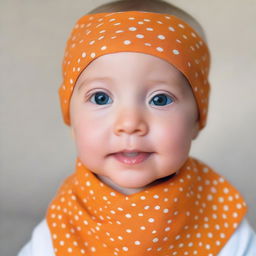 A photograph of a German baby girl wearing an orange cotton bandana with very small white polka dots