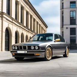 A grey BMW E34 5 Series with gold wheels is parked in a stylish urban setting