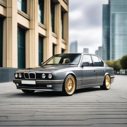 A grey BMW E34 5 Series with gold wheels is parked in a stylish urban setting