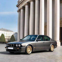 A grey BMW E34 5 Series with gold wheels is parked in a stylish urban setting