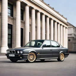 A grey BMW E34 5 Series with gold wheels is parked in a stylish urban setting