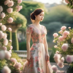 A beautifully dressed lady standing in a picturesque garden, surrounded by blooming flowers and lush greenery