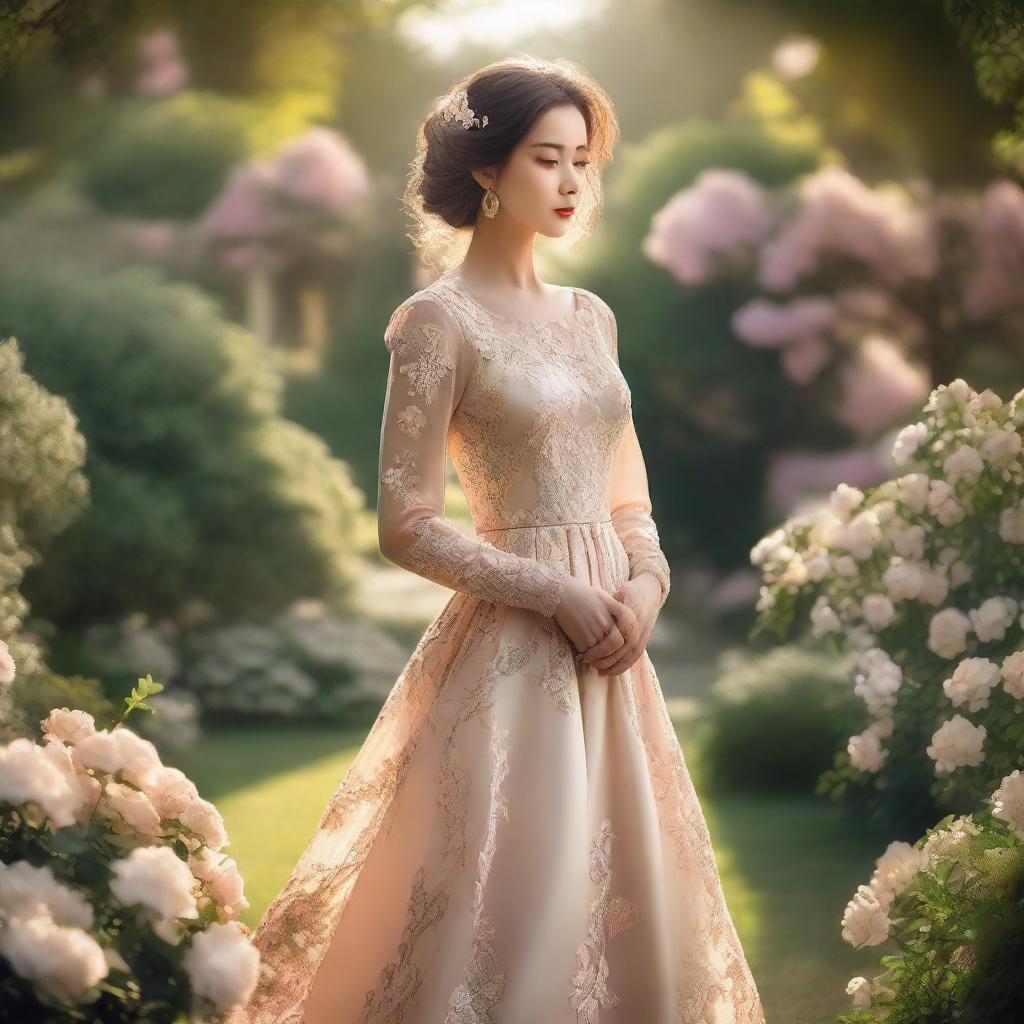 A beautifully dressed lady standing in a picturesque garden, surrounded by blooming flowers and lush greenery