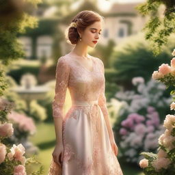 A beautifully dressed lady standing in a picturesque garden, surrounded by blooming flowers and lush greenery