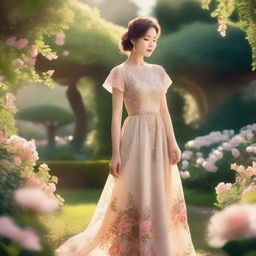 A beautifully dressed lady standing in a picturesque garden, surrounded by blooming flowers and lush greenery