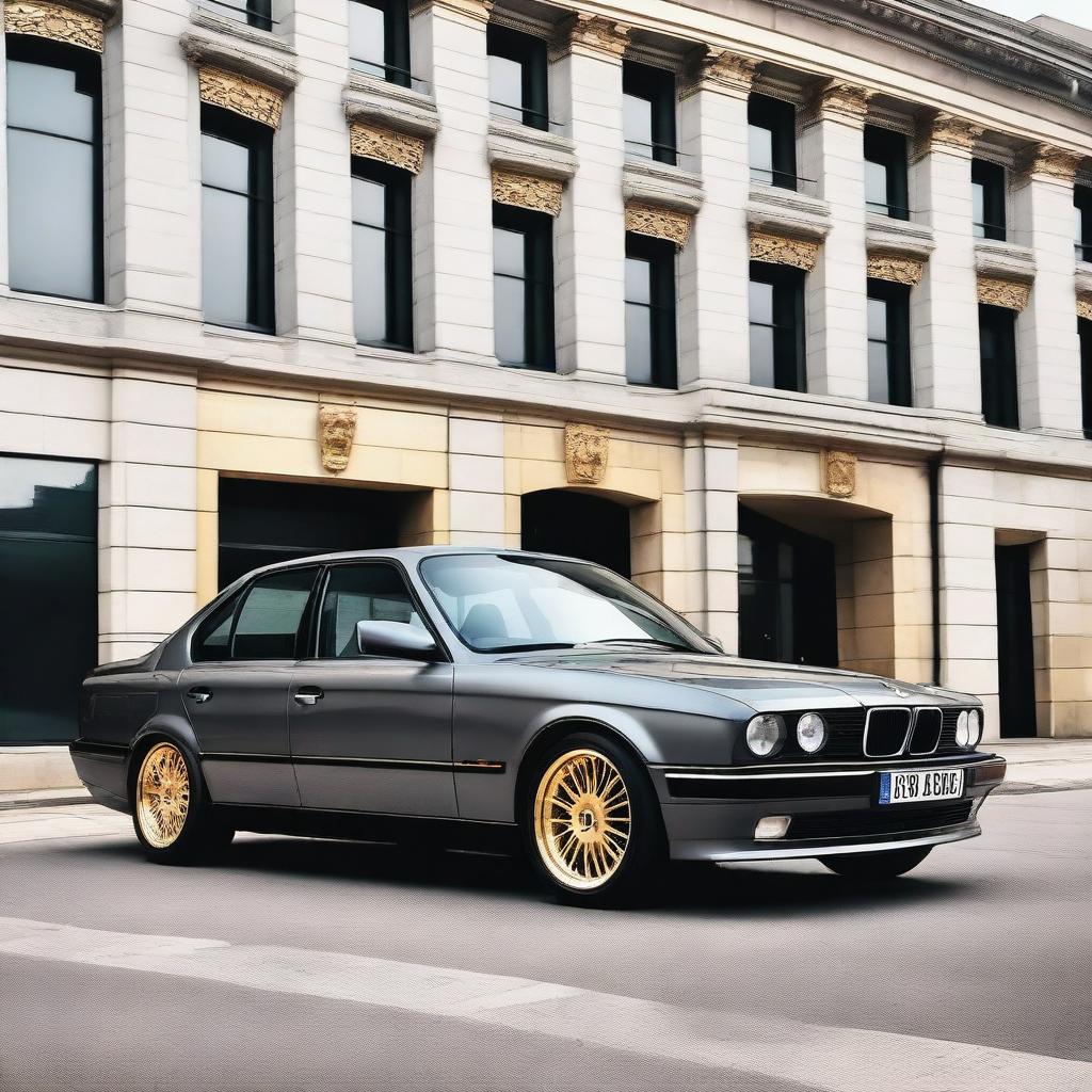 A grey BMW E34 5 Series with gold wheels is parked in a stylish urban setting