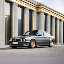 A grey BMW E34 5 Series with gold wheels is parked in a stylish urban setting