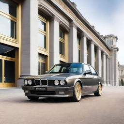 A grey BMW E34 5 Series with gold wheels is parked in a stylish urban setting