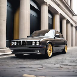 A grey BMW E34 5 Series with gold wheels is parked in a stylish urban setting