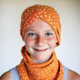 A photograph of a German girl wearing an orange cotton bandana with very small white polka dots