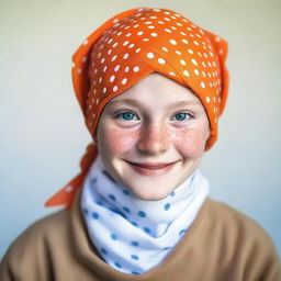 A photograph of a German girl wearing an orange cotton bandana with very small white polka dots