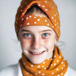 A photograph of a German girl wearing an orange cotton bandana with very small white polka dots