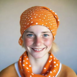 A photograph of a German girl wearing an orange cotton bandana with very small white polka dots