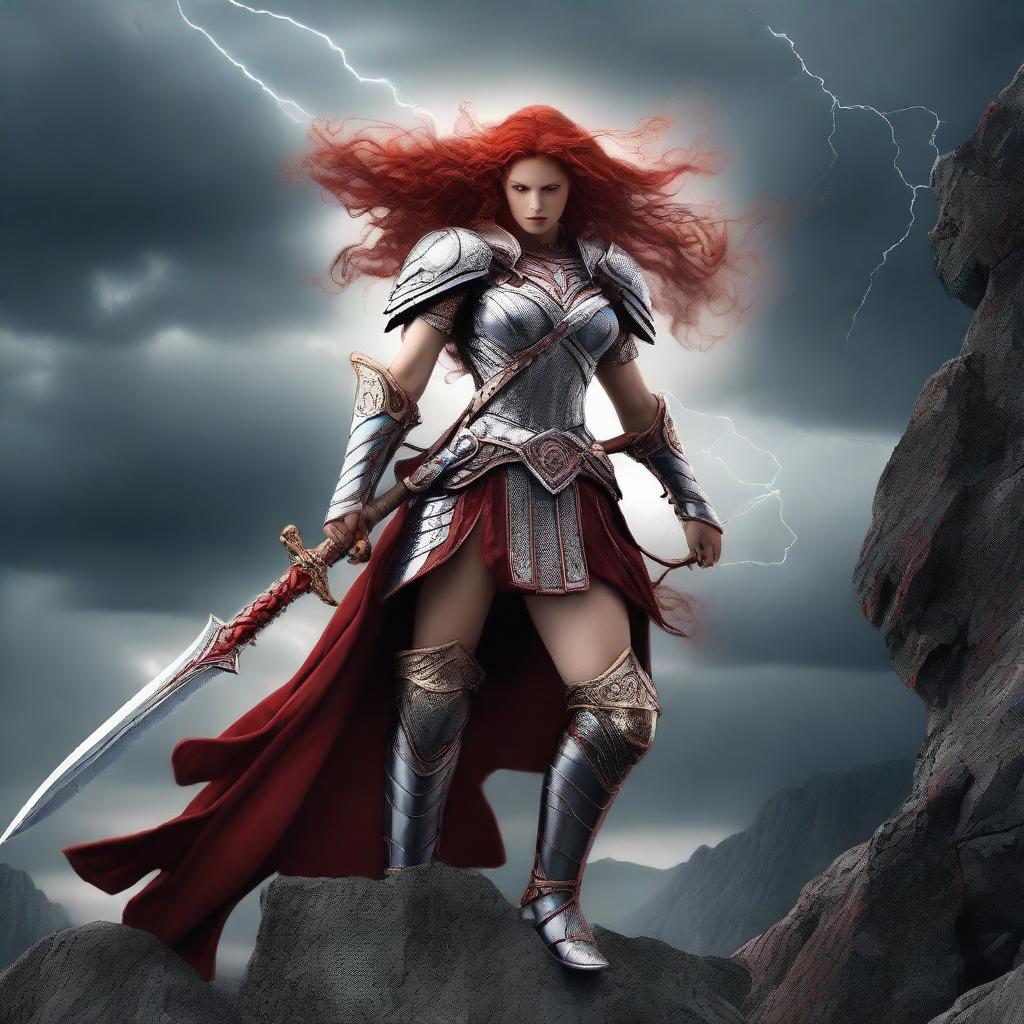 A fierce Valkyrie with flowing red hair, adorned in intricate armor and wielding a glowing spear