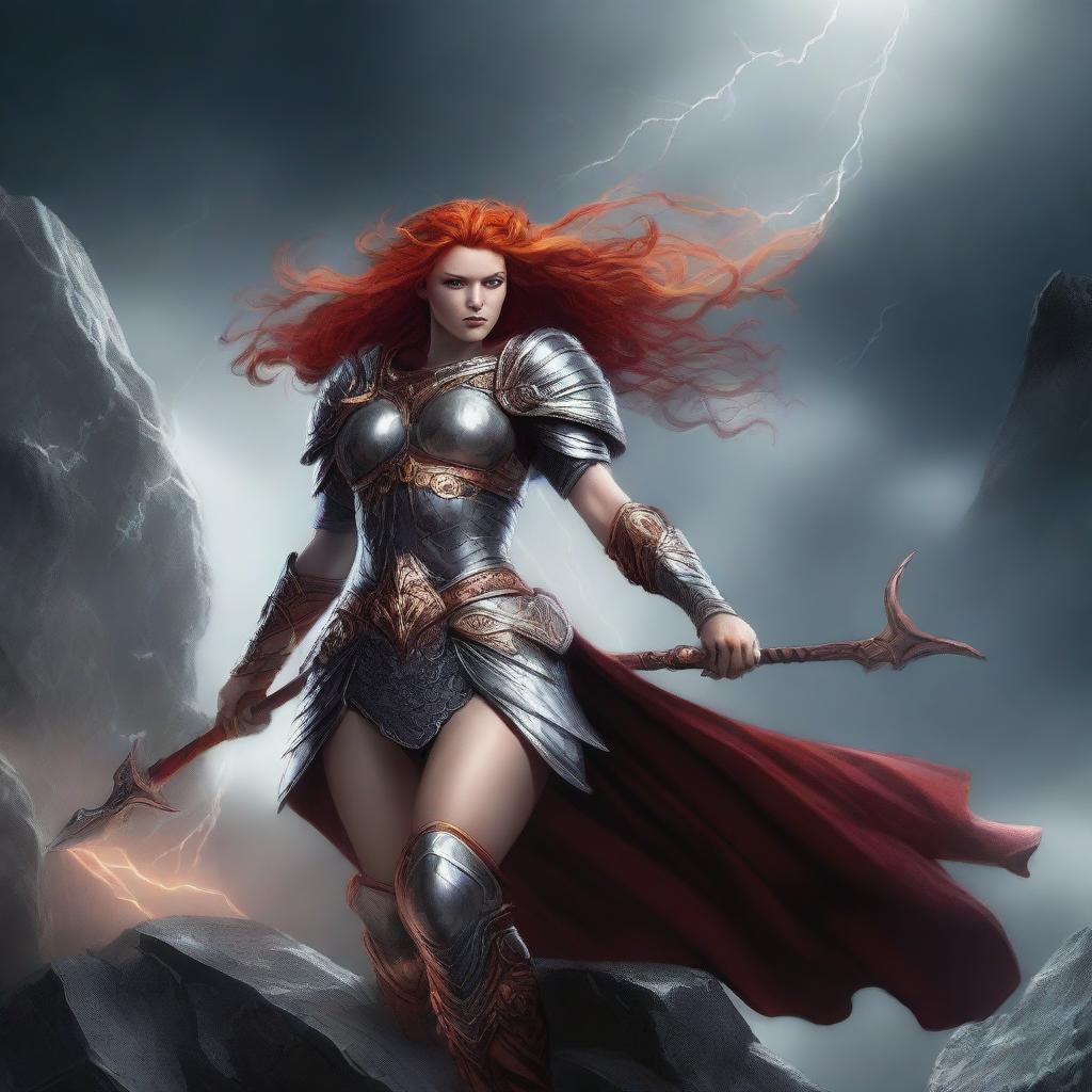 A fierce Valkyrie with flowing red hair, adorned in intricate armor and wielding a glowing spear