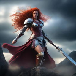 A fierce Valkyrie with flowing red hair, adorned in intricate armor and wielding a glowing spear