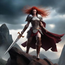 A fierce Valkyrie with flowing red hair, adorned in intricate armor and wielding a glowing spear