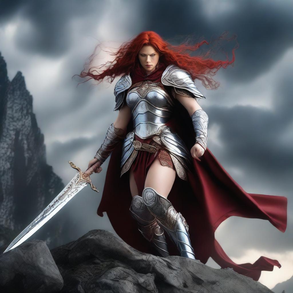 A fierce Valkyrie with flowing red hair, adorned in intricate armor, wielding an intricately carved two-handed great sword