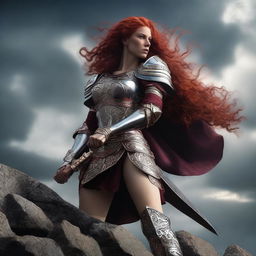 A fierce Valkyrie with flowing red hair, adorned in intricate armor, wielding an intricately carved two-handed great sword