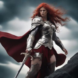 A fierce Valkyrie with flowing red hair, adorned in intricate armor, wielding an intricately carved two-handed great sword