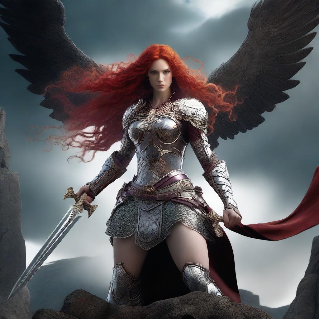 A fierce Valkyrie with flowing red hair, adorned in intricate armor, wielding an intricately carved two-handed great sword