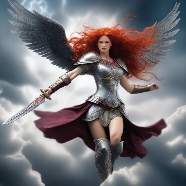 A fierce Valkyrie with flowing red hair and wings, adorned in intricate armor, wielding an intricately carved two-handed great sword