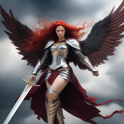 A fierce Valkyrie with flowing red hair and wings, adorned in intricate armor, wielding an intricately carved two-handed great sword