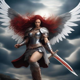 A fierce Valkyrie with flowing red hair and wings, adorned in intricate armor, wielding an intricately carved two-handed great sword