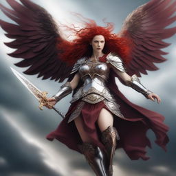 A fierce Valkyrie with flowing red hair and wings, adorned in intricate armor, wielding an intricately carved two-handed great sword