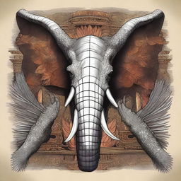 A detailed illustration showing the fang of a crocodile, the feathers of a phoenix, and the tusks of an elephant