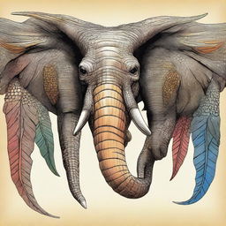 A detailed illustration showing the fang of a crocodile, the feathers of a phoenix, and the tusks of an elephant