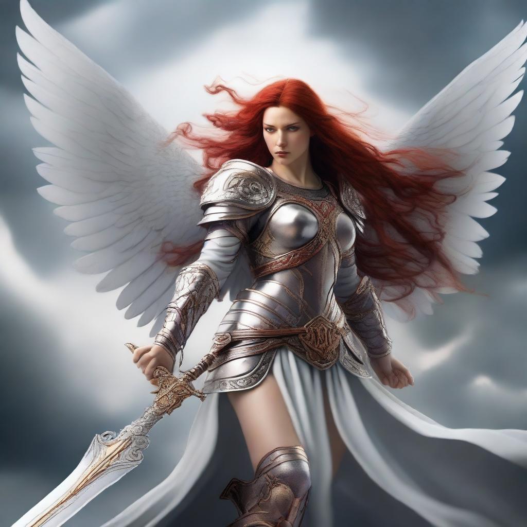 A fierce Valkyrie with flowing red hair and white wings, adorned in intricate armor, wielding an intricately carved two-handed great sword