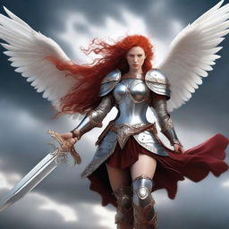 A fierce Valkyrie with flowing red hair and white wings, adorned in intricate armor, wielding an intricately carved two-handed great sword