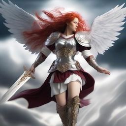 A fierce Valkyrie with flowing red hair and white wings, adorned in intricate armor, wielding an intricately carved two-handed great sword