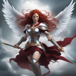 A fierce Valkyrie with flowing red hair and white wings, adorned in intricate armor, wielding an intricately carved two-handed great sword