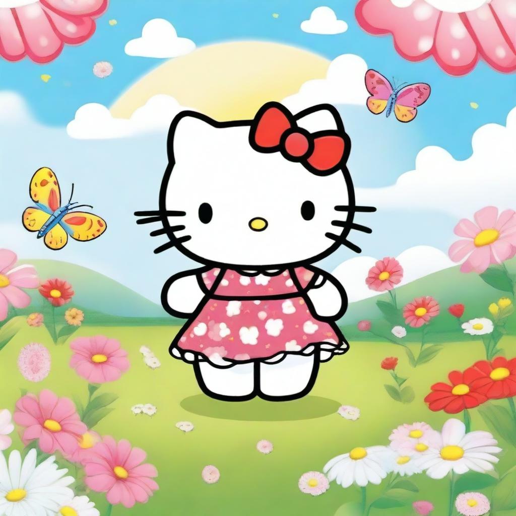 A cute and cheerful Hello Kitty standing in a colorful meadow with flowers and butterflies around