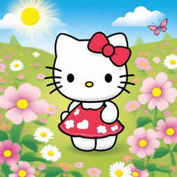 A cute and cheerful Hello Kitty standing in a colorful meadow with flowers and butterflies around