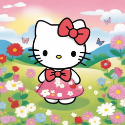 A cute and cheerful Hello Kitty standing in a colorful meadow with flowers and butterflies around