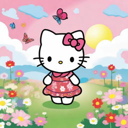 A cute and cheerful Hello Kitty standing in a colorful meadow with flowers and butterflies around