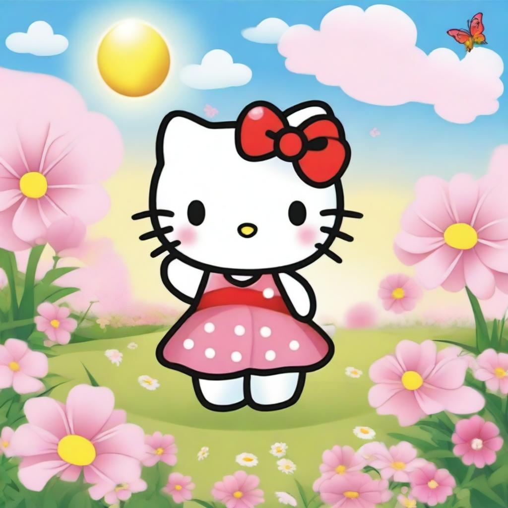 A cute and cheerful Hello Kitty with long, flowing hair styled in soft curls