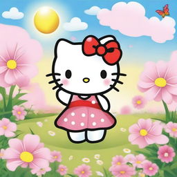 A cute and cheerful Hello Kitty with long, flowing hair styled in soft curls