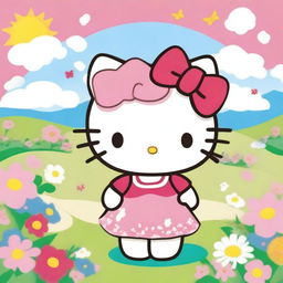 A cute and cheerful Hello Kitty with long, flowing hair styled in soft curls