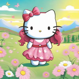 A cute and cheerful Hello Kitty with long, flowing hair styled in soft curls