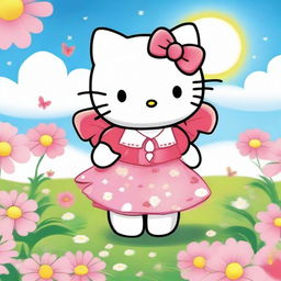 A cute and cheerful Hello Kitty with long, flowing hair styled in soft curls