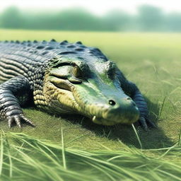 A detailed illustration of a crocodile lying on the grass