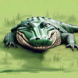 A detailed illustration of a crocodile lying on the grass